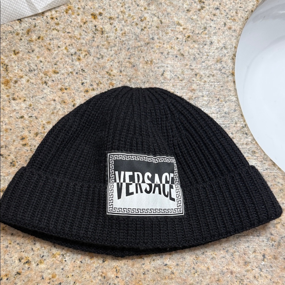 Versace Black Knit Beanie with Logo Patch